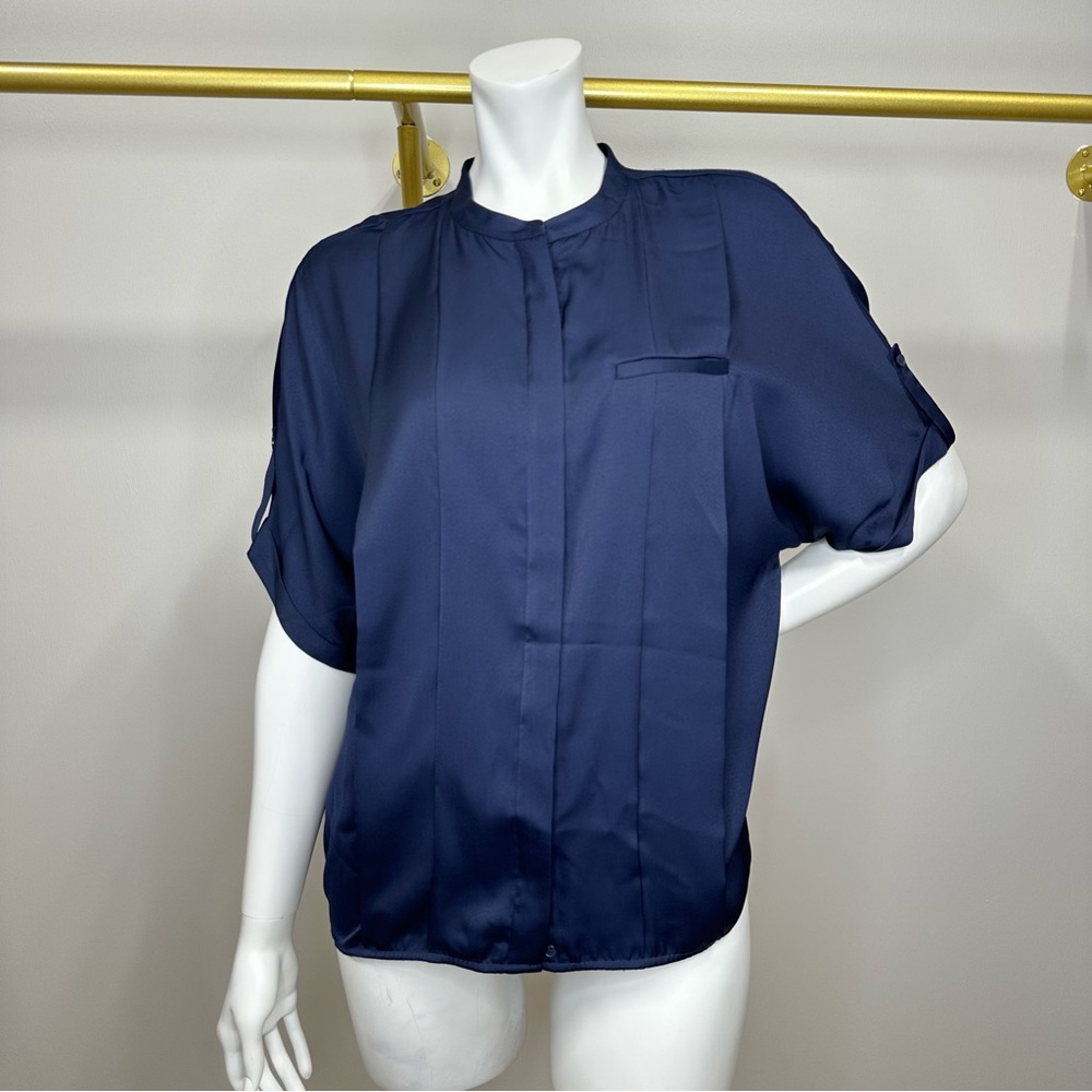 Navy Buttons Down Plaid Pleated Blouse